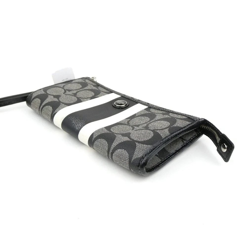 Coach Zippy Signature Stripe Black White PVC Wallet Wristlet F49078